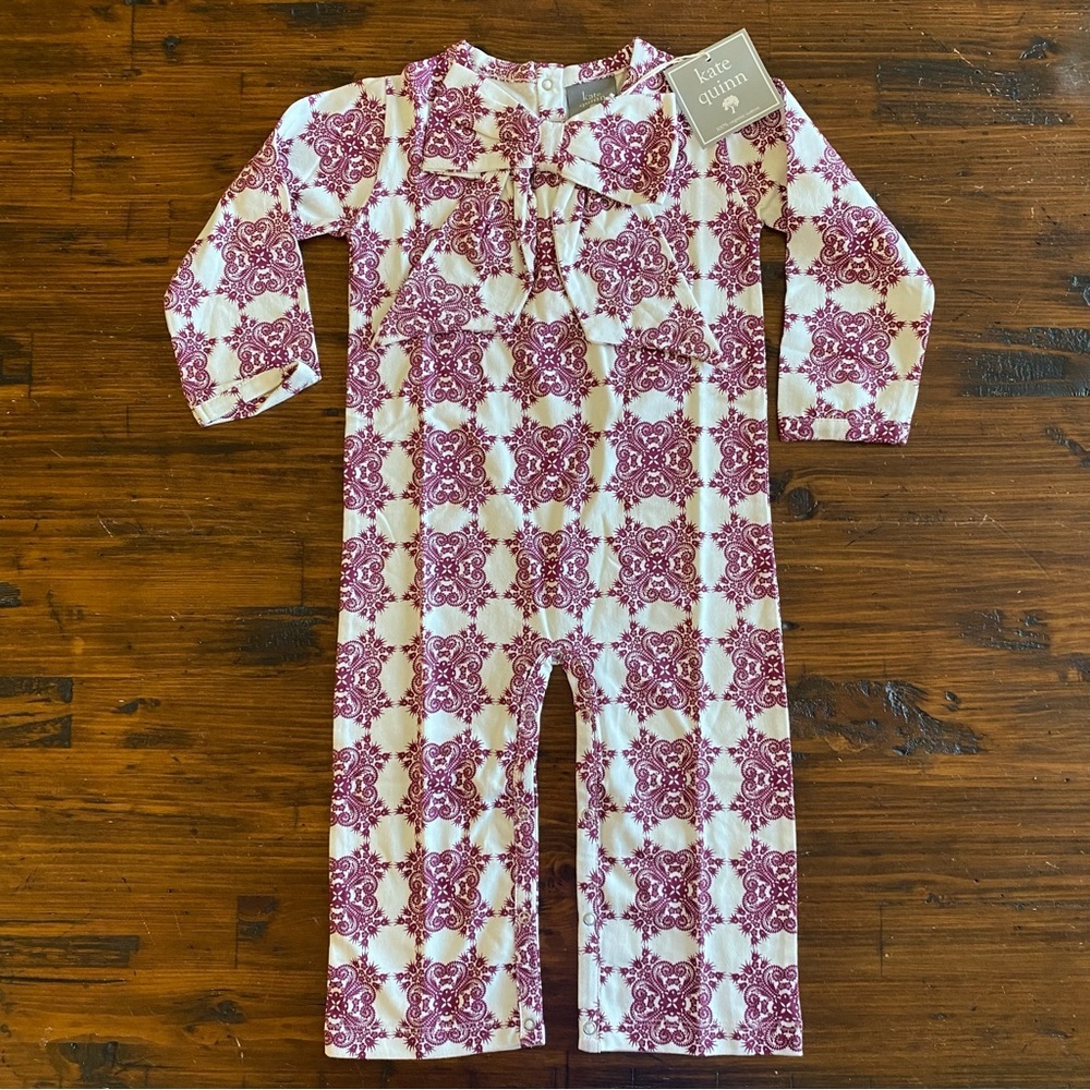NWT Kate Quinn Is 18-24M Bloom Print Classic Bow Jumpsuit Organic Cotton Snap